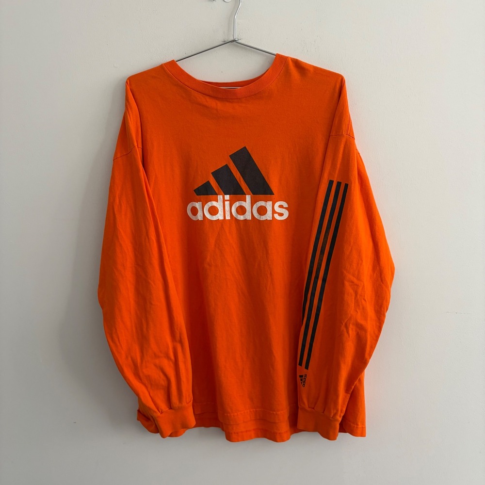 Adidas Mens Long Sleeve Graphic T-Shirt Orange XL Big Logo Three Stripe